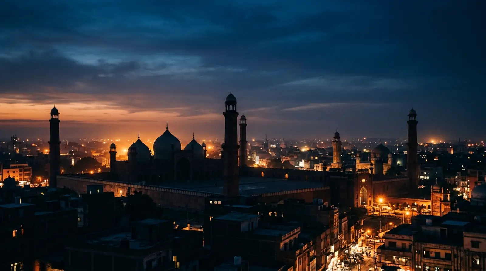 Illustrative render: the Lahore skyline at dusk