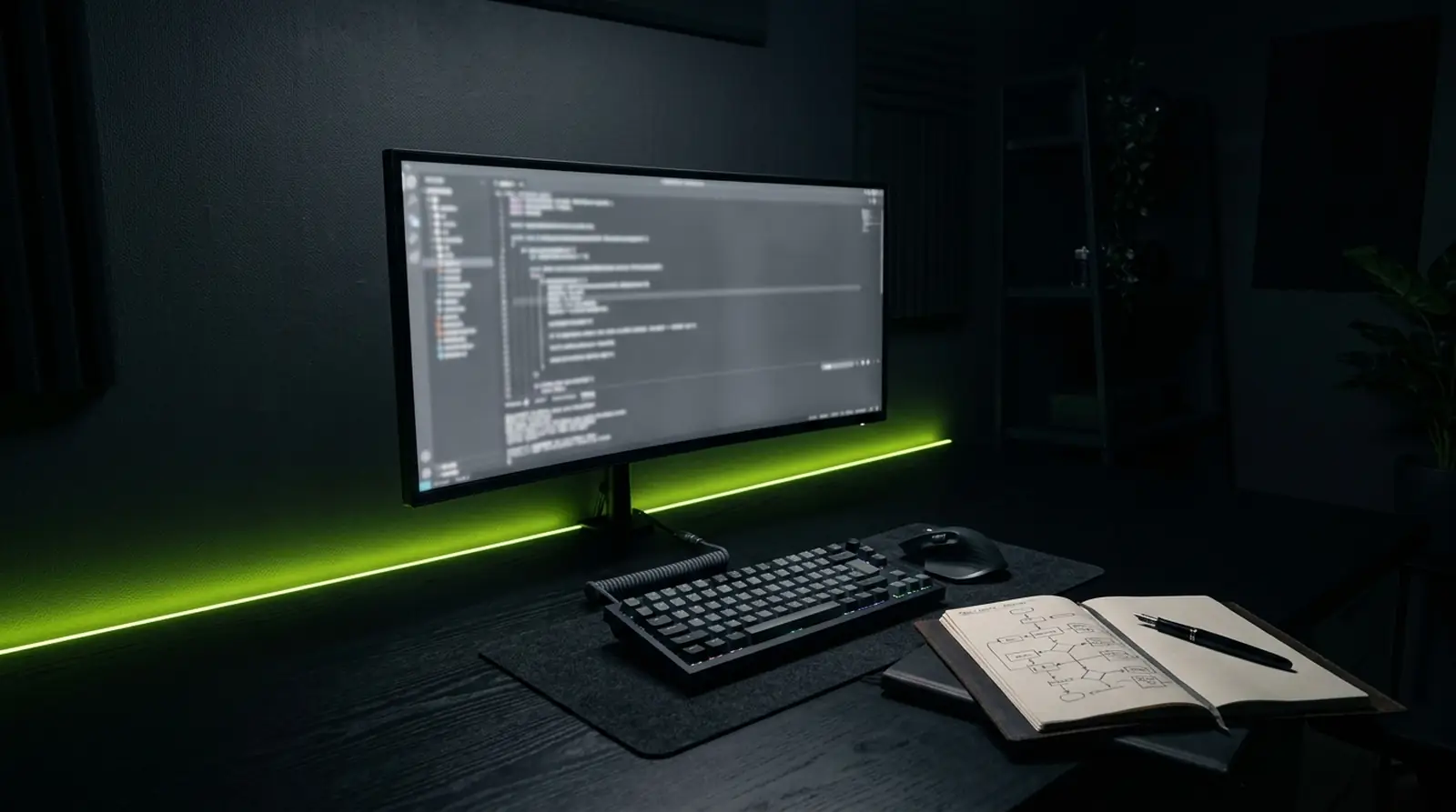 Illustrative render: a dark desk with code on screen